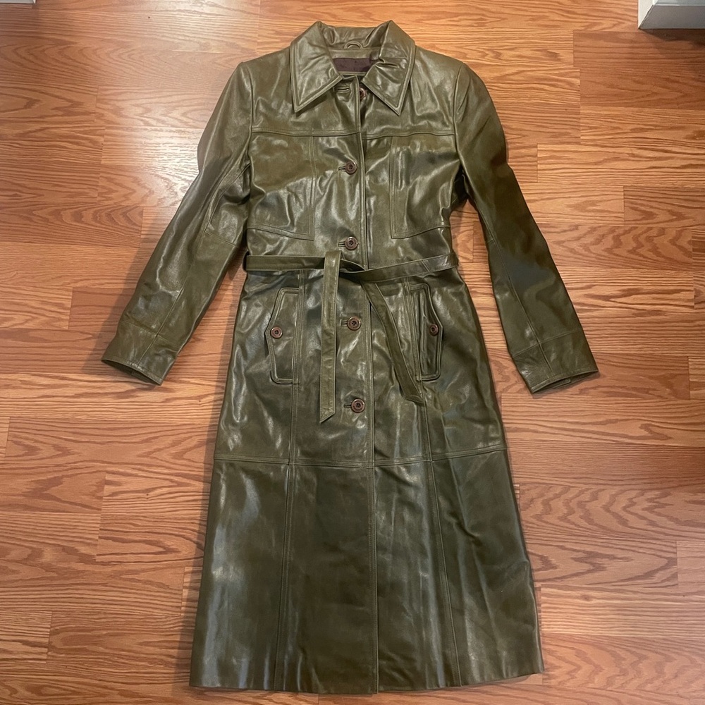 Wilson Maxima Vintage Dark Green Women Leather Trench Coat SizeS